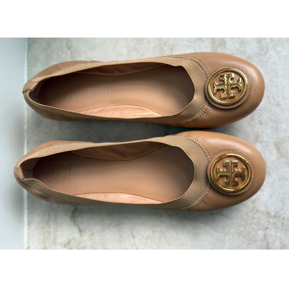Tory Burch Caroline Beige Leather Elastic‎ Logo Ballet Flats Size 8.5
